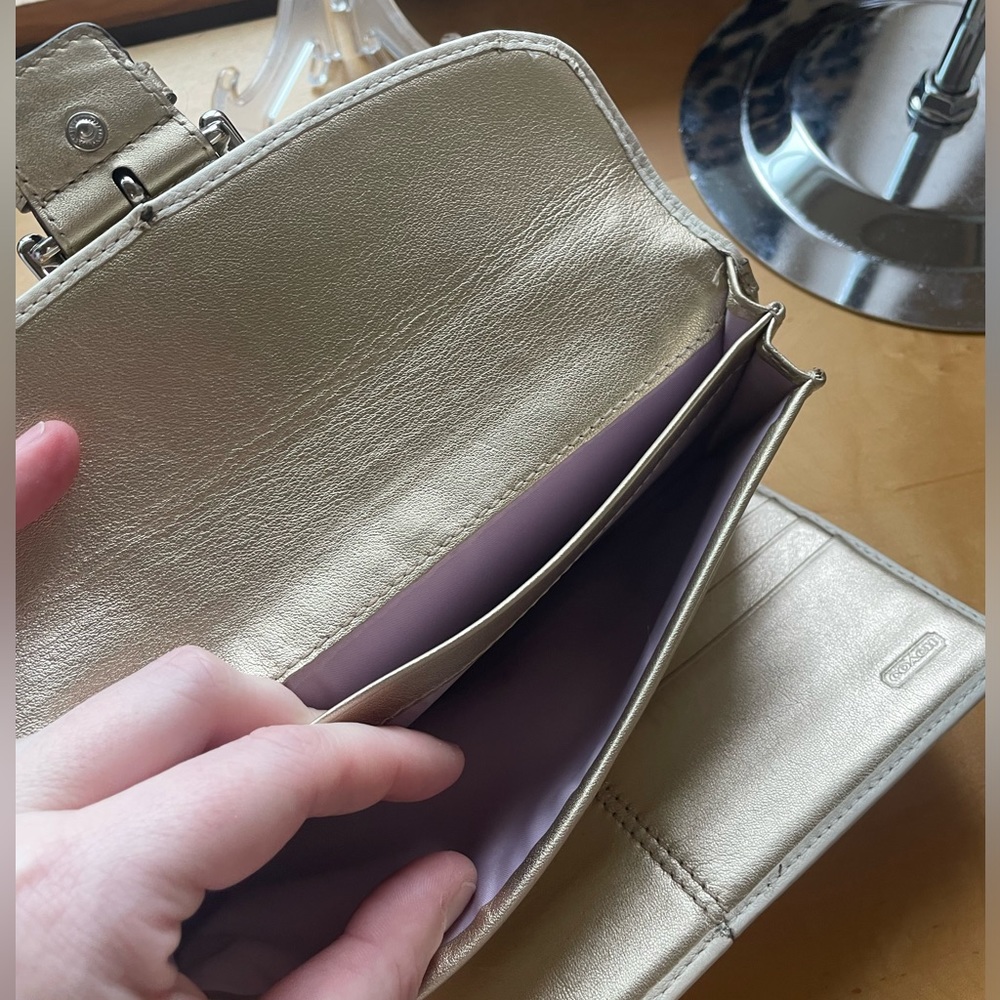 Coach Buckle Snap Wallet in cream and metallic gold. - Picture 13 of 16